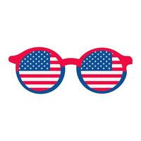 A pair of sunglasses with the American flag on the lenses. The sunglasses are red, white, and blue vector