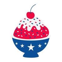 A cartoon image of a bowl of ice cream with a cherry on top. The bowl is blue, white, and red, and the cherry is red vector