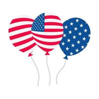 Three American flags are tied together with balloons. The balloons are red, white, and blue vector