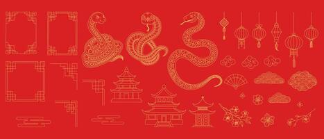 Chinese New Year 2025 set with a red background with a lot of different gold shapes and symbols vector