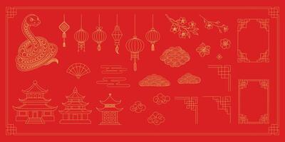 A red background with a lot of Chinese symbols and designs. The symbols include a dragon, a lotus flower, and a temple. Scene is one of celebration and cultural significance vector