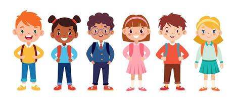 A group of children are standing in a row, all wearing backpacks. They are all smiling and seem to be happy vector