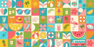A colorful image of a beach scene with various items such as sunglasses, umbrellas, and drinks vector