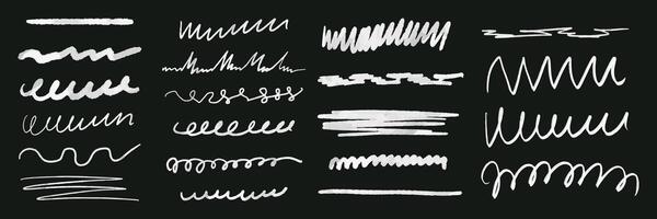 A set of white brush strokes on a black background. The strokes vary in length and direction, creating a sense of movement and energy. Scene is dynamic and expressive vector