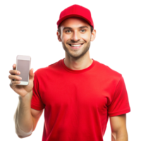 Smiling young guy red tshirt show phone isolated on transparent background png