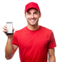Smiling young guy red tshirt show phone isolated on transparent background png