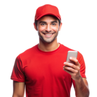 Smiling young guy red tshirt show phone isolated on transparent background png