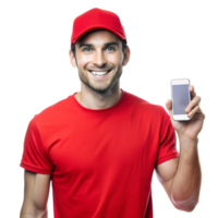 Smiling young guy red tshirt show phone isolated on transparent background png