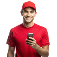 Smiling young guy red tshirt show phone isolated on transparent background png