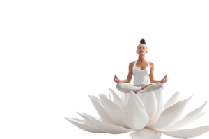Isolated woman in yoga lotus pose on lotus flower against transparent background png
