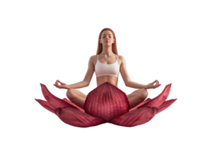 Isolated woman in yoga lotus pose on lotus flower against transparent background png