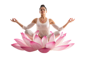 Isolated woman in yoga lotus pose on lotus flower against transparent background png