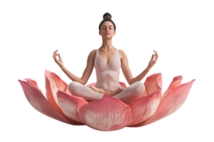 Isolated woman in yoga lotus pose on lotus flower against transparent background png