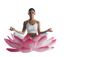 Isolated woman in yoga lotus pose on lotus flower against transparent background png