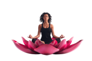 Isolated woman in yoga lotus pose on lotus flower against transparent background png