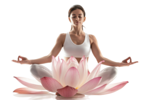 Isolated woman in yoga lotus pose on lotus flower against transparent background png