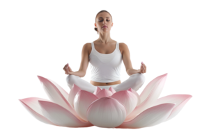 Isolated woman in yoga lotus pose on lotus flower against transparent background png