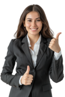 Happy businesswoman giving thumbs up alone against transparent background png