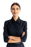 Happy flight attendant stewardess with crossed arms alone against transparent background png