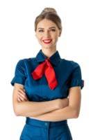 Happy flight attendant stewardess with crossed arms alone against transparent background png