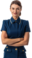 Happy flight attendant stewardess with crossed arms alone against transparent background png