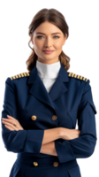Happy flight attendant stewardess with crossed arms alone against transparent background png