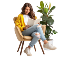 Happy woman reading book while sitting on chair alone against transparent background png