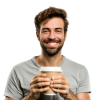Man with paper cup of coffee isolated on transparent png