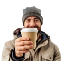 Man with paper cup of coffee isolated on transparent png