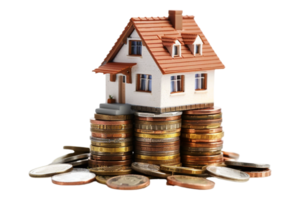 Miniature house on stack of coins alone against transparent background png