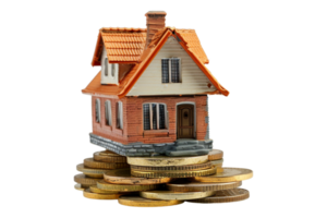 Miniature house on stack of coins alone against transparent background png
