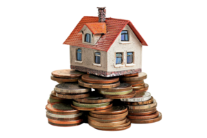 Miniature house on stack of coins alone against transparent background png