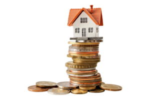 Miniature house on stack of coins alone against transparent background png