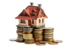 Miniature house on stack of coins alone against transparent background png