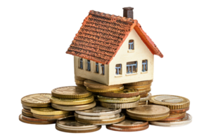 Miniature house on stack of coins alone against transparent background png