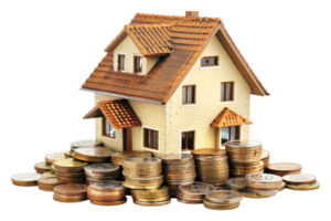 Miniature house on stack of coins alone against transparent background png