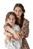 Mother and daughter hug alone against transparent background png