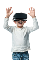 Happy boy kid using VR headset alone against transparent background png
