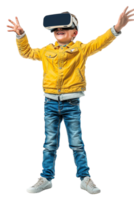 Happy boy kid using VR headset alone against transparent background png