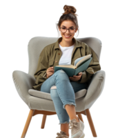 Happy woman reading book while sitting on chair alone against transparent background png