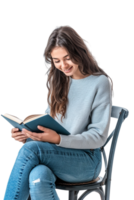Happy woman reading book while sitting on chair alone against transparent background png