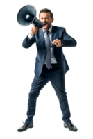 Isolated angry businessman using megaphone on transparent background png
