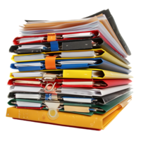Stack of folders and documents on office desk against transparent background png