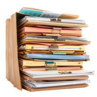Stack of folders and documents on office desk against transparent background png