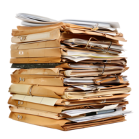 Stack of folders and documents on office desk against transparent background png