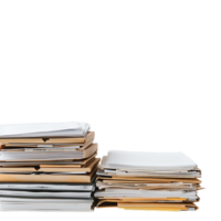 Stack of folders and documents on office desk against transparent background png