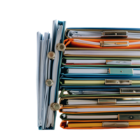Stack of folders and documents on office desk against transparent background png