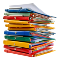 Stack of folders and documents on office desk against transparent background png