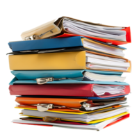 Stack of folders and documents on office desk against transparent background png