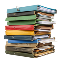 Stack of folders and documents on office desk against transparent background png